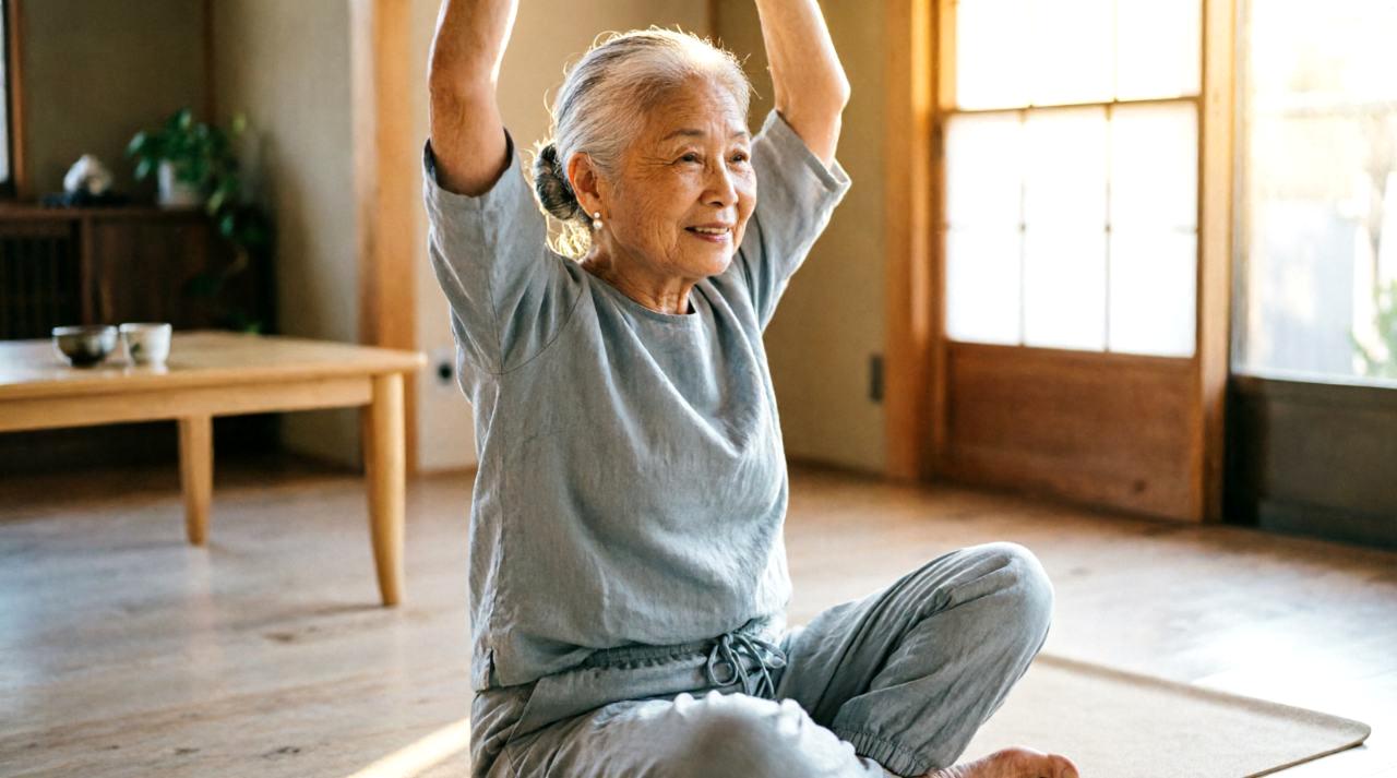 掃除前に軽くストレッチを行う70代の男性の横顔