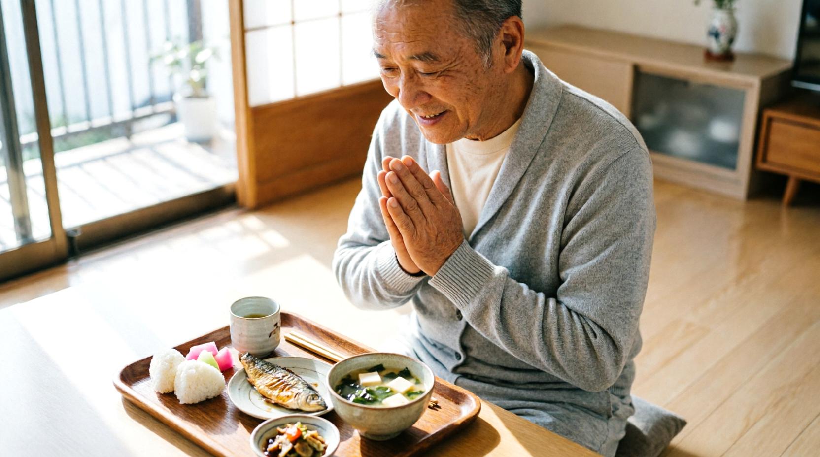 栄養バランスを考えた食事を並べる高齢者の食卓