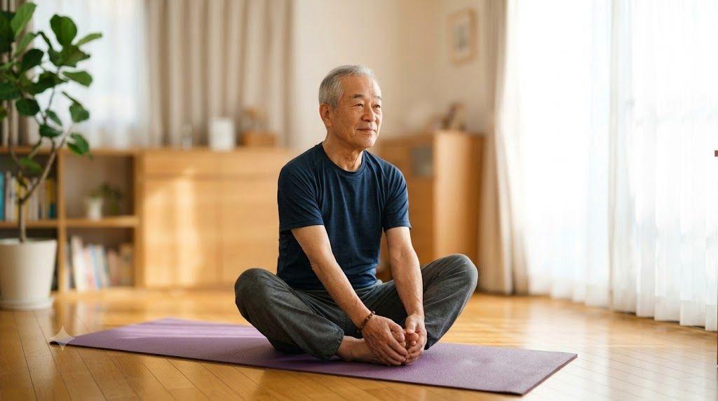 杖を使わず自分の足で歩く高齢者の後ろ姿と健康寿命をイメージした風景