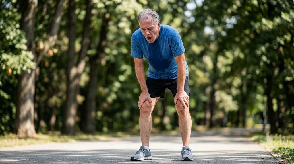 トイレに何度も向かう70代の後ろ姿と時計のイメージ