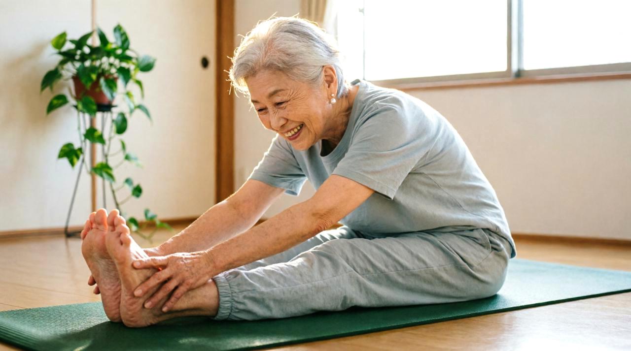 50代の女性が自宅で腕立て伏せをしている様子