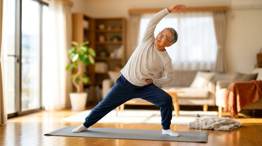 50代男性が朝のリビングで肩のストレッチをしている様子