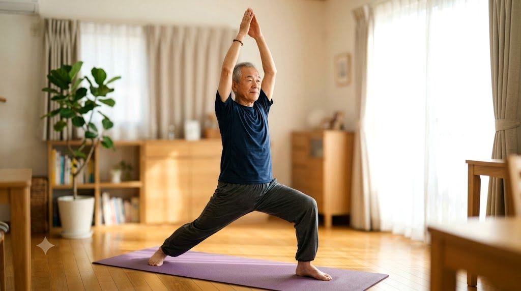 70代の男女が背筋を伸ばして立ち、体の中心を意識している様子