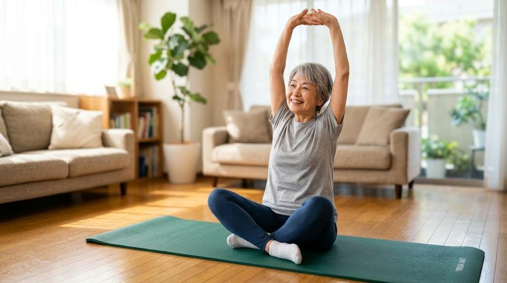 高齢者が自宅でピラティスを楽しみながら行う姿