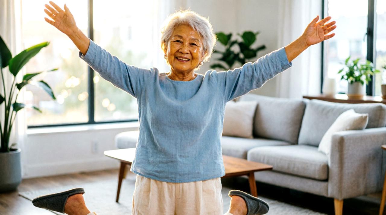 体幹運動で元気に歩く高齢者の明るい日常イメージ