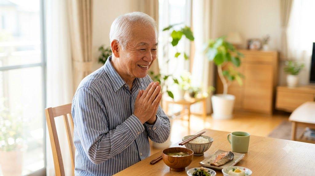 パンや麺類を楽しみながら食事をするシニア夫婦