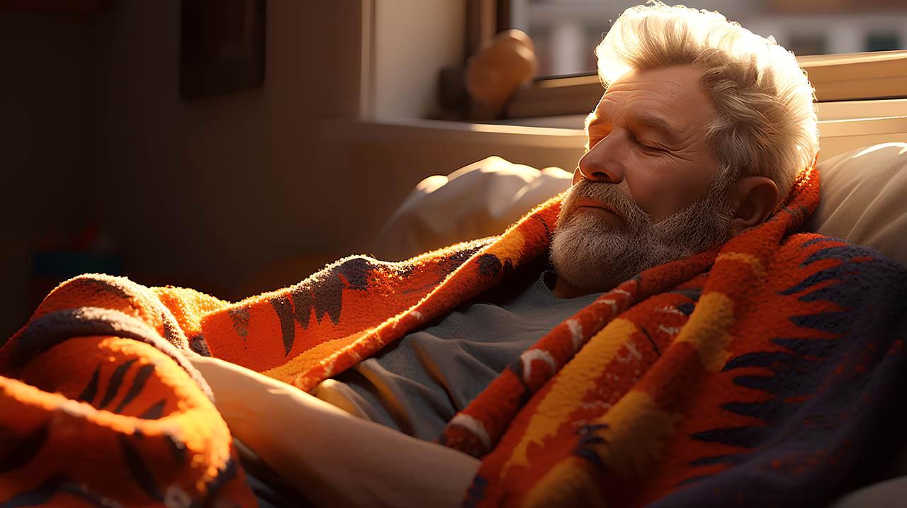 布団の中で目を覚ますシニア男性の疲れた表情の写真