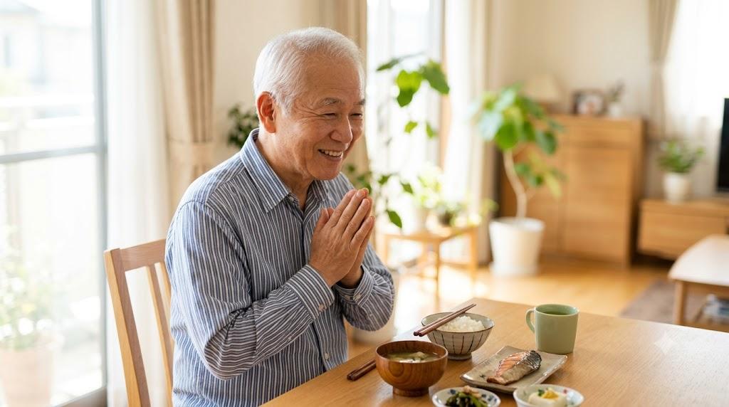 家族が高齢の親に優しく声をかける食卓の様子
