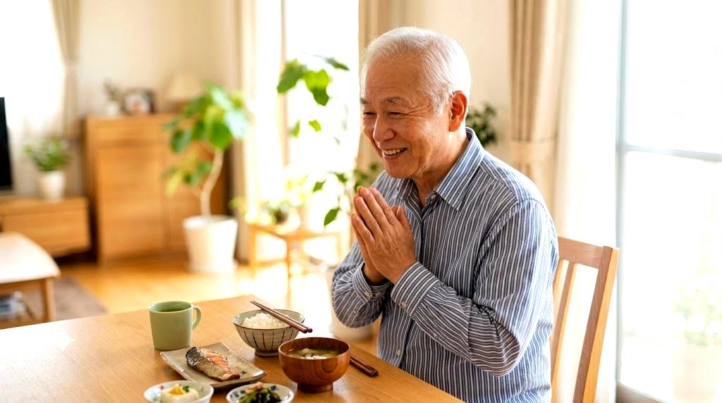 白米の量を考えながら食事をする高齢者