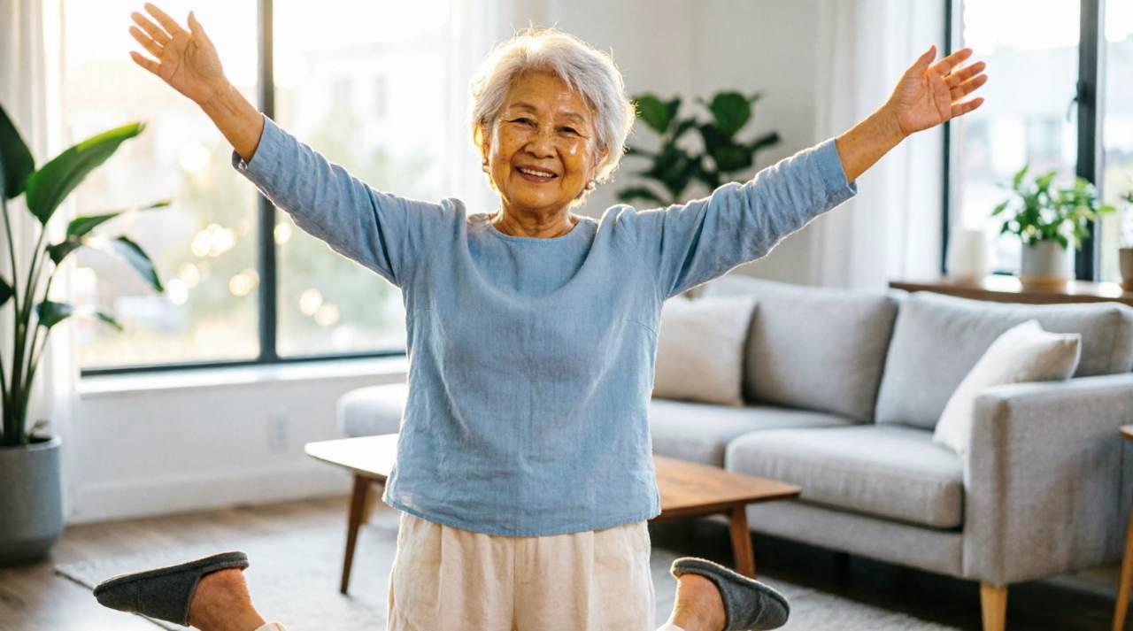 椅子に座りながらストレッチを始める60代の男女