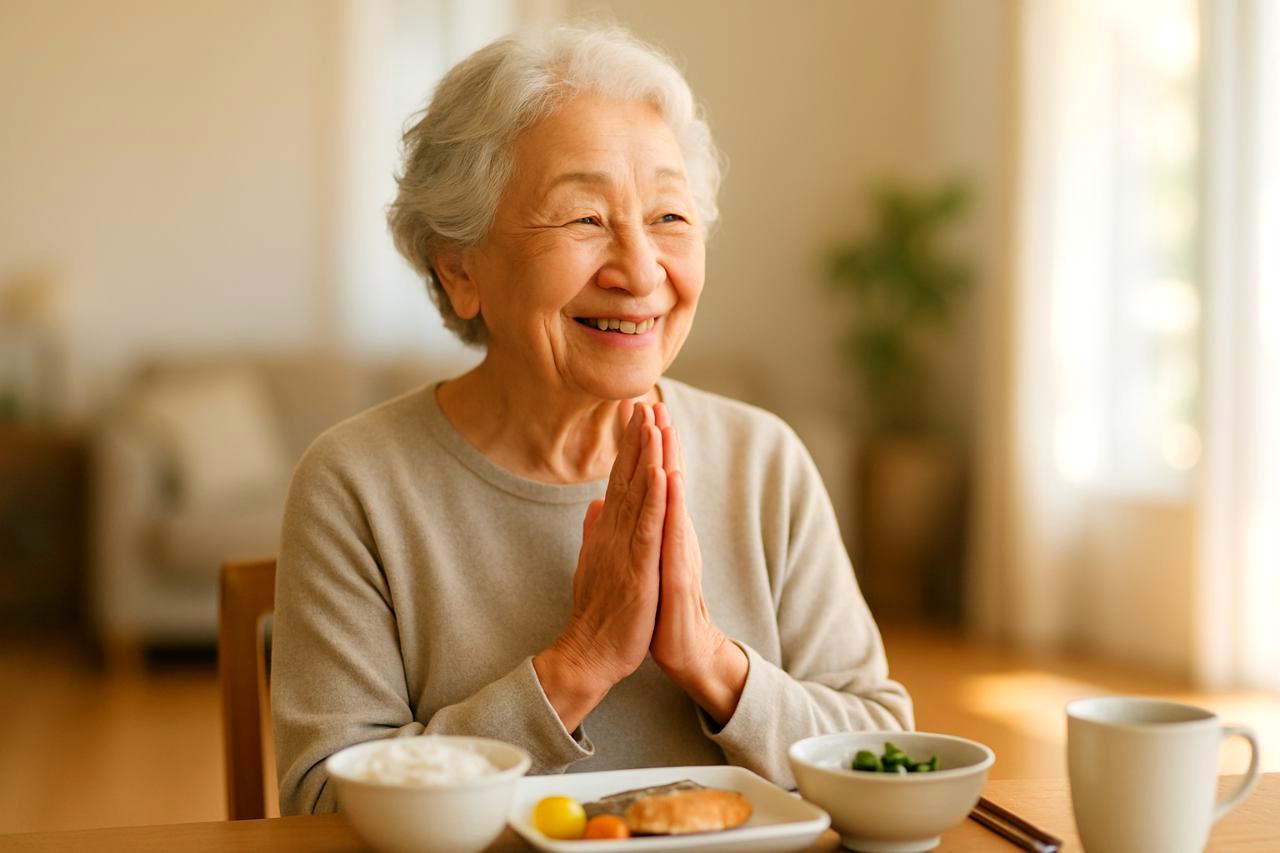温かいごはんを笑顔で食べる80代女性のクローズアップ