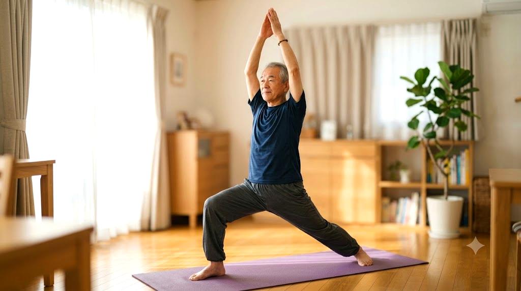 自宅で肩のストレッチを行う元気なシニア男性