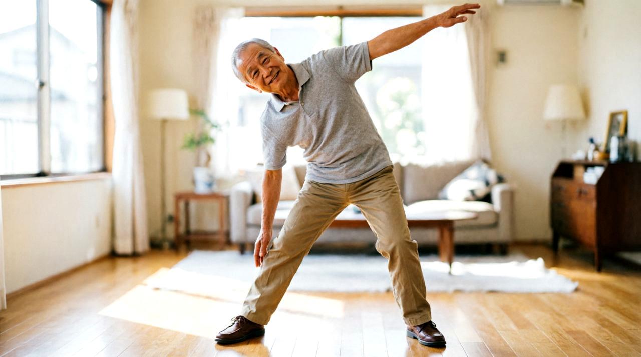 正しい歩き方を意識してウォーキングする60代男性の姿