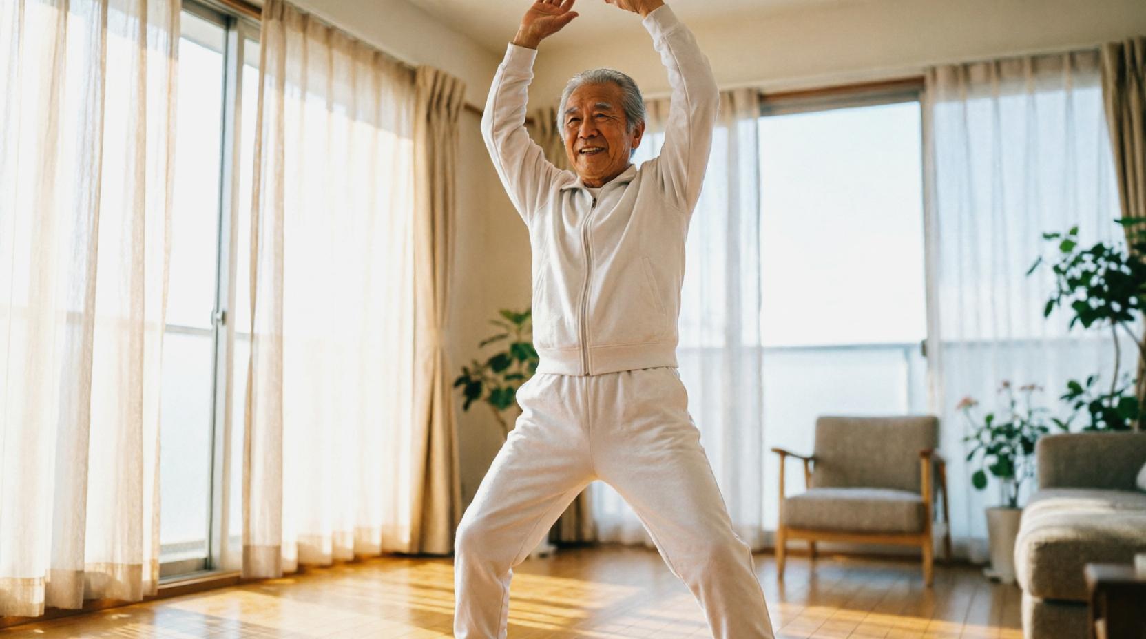 60代の男女が笑顔で無理なく体を動かし始める様子