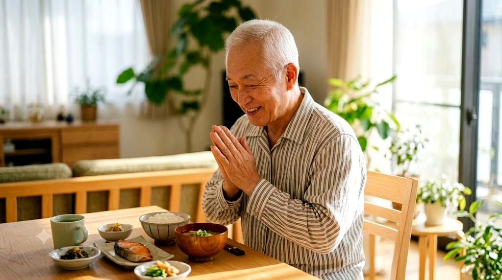 安全に手すりを握って廊下を歩く笑顔の高齢者