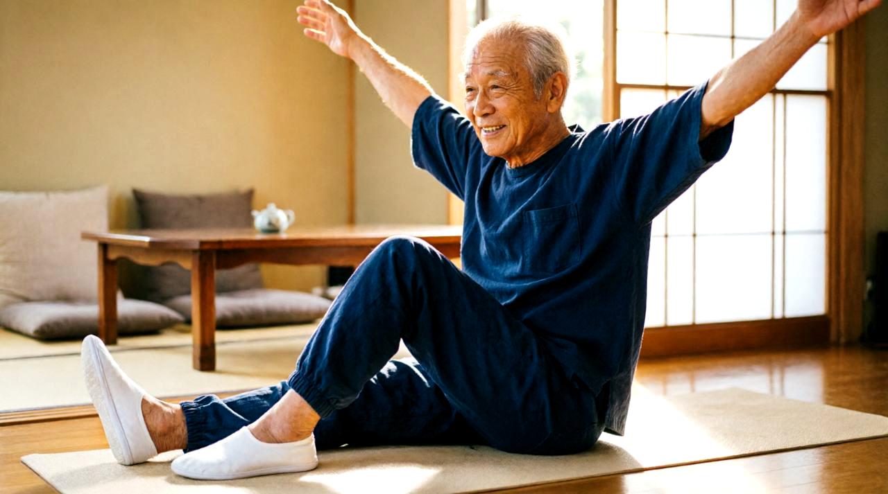 無理のない姿勢で玄関掃除をする中高年の様子