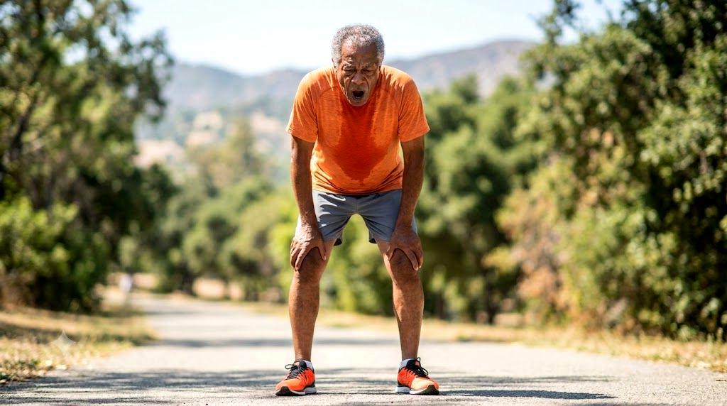 70代のシニアが立ち上がる際に腰を押さえる様子