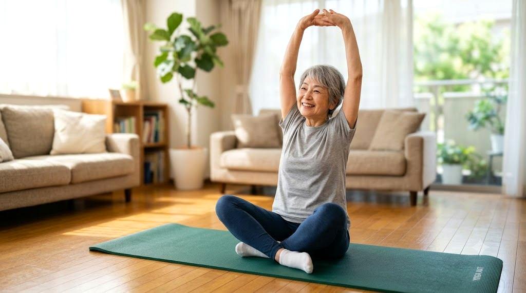 ノートに運動回数を記録する50代女性