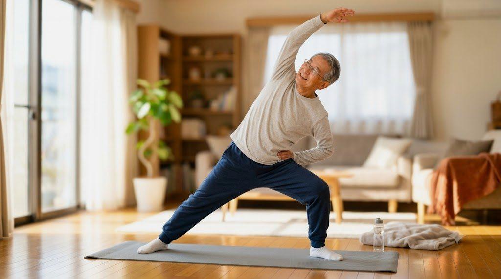 椅子に座ったままストレッチを楽しむ60代の健康的な暮らし