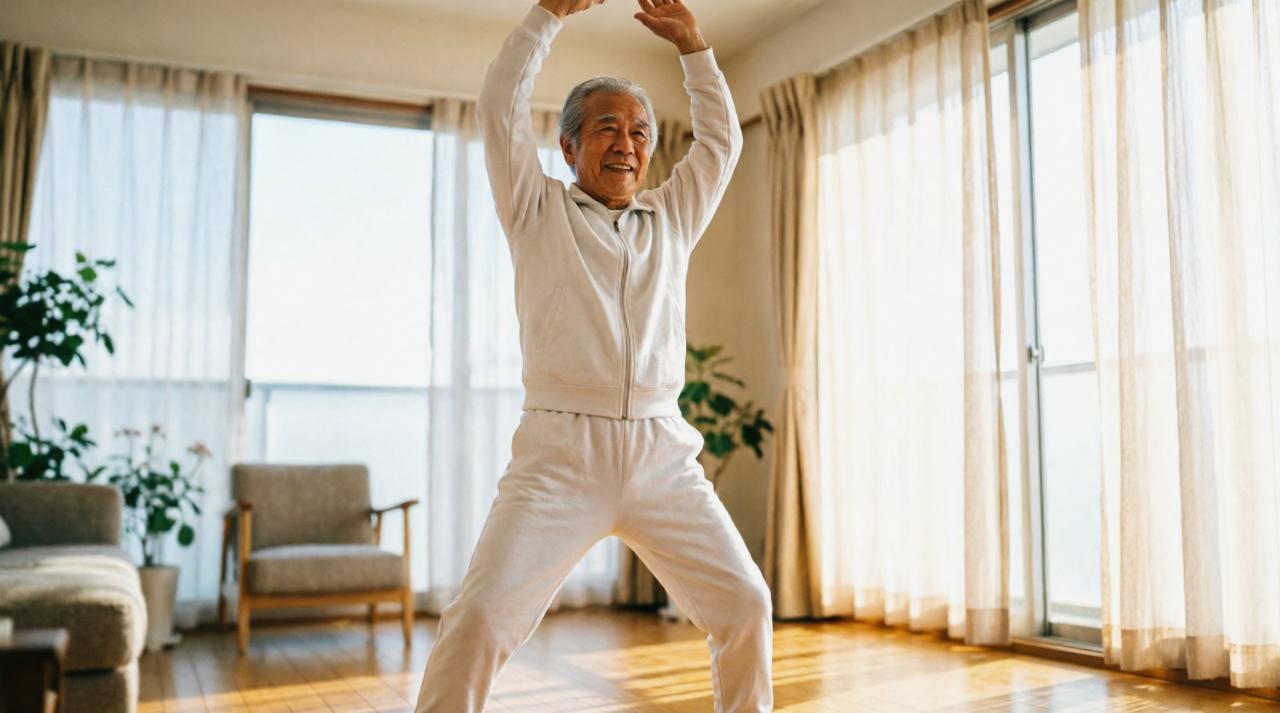 ウォーキング前に準備をするシニア男性の姿