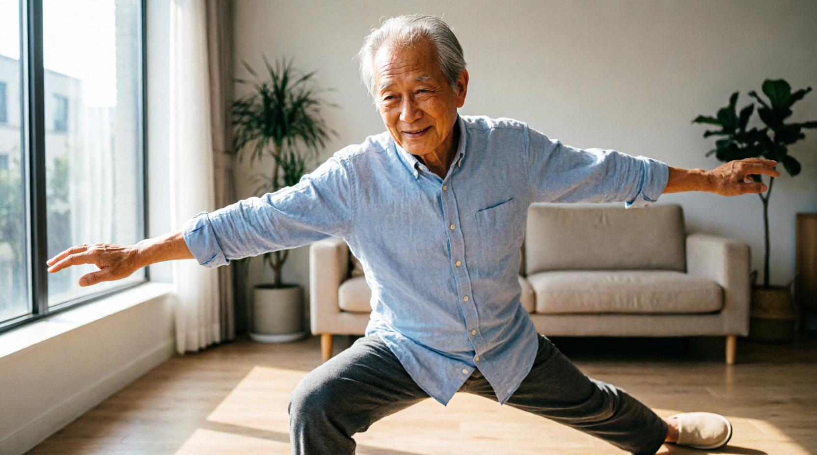 自宅でスクワットなどの筋トレに取り組む50代男性