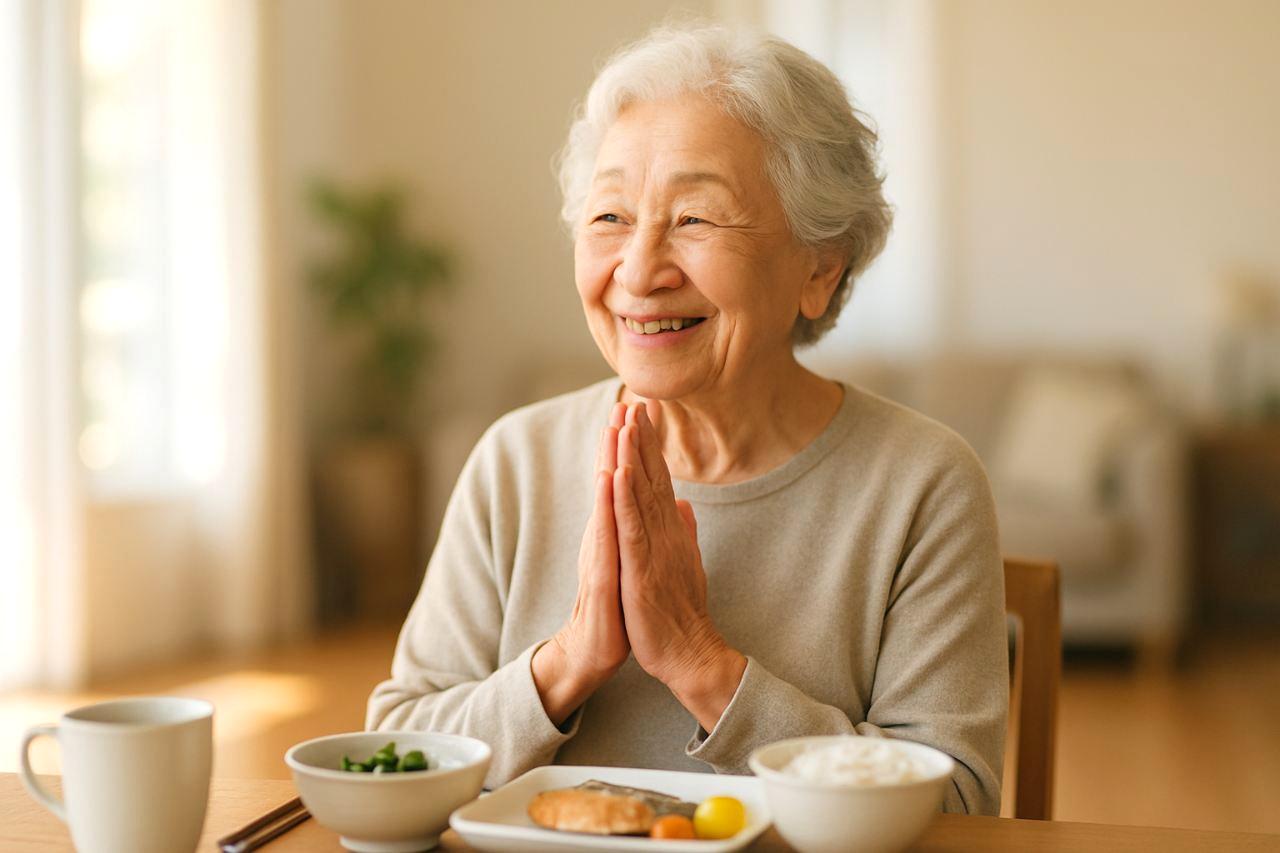 朝日の中で温かい和食の朝ご飯を楽しむ70代のシーン。味噌汁とご飯、小鉢が並ぶ食卓。