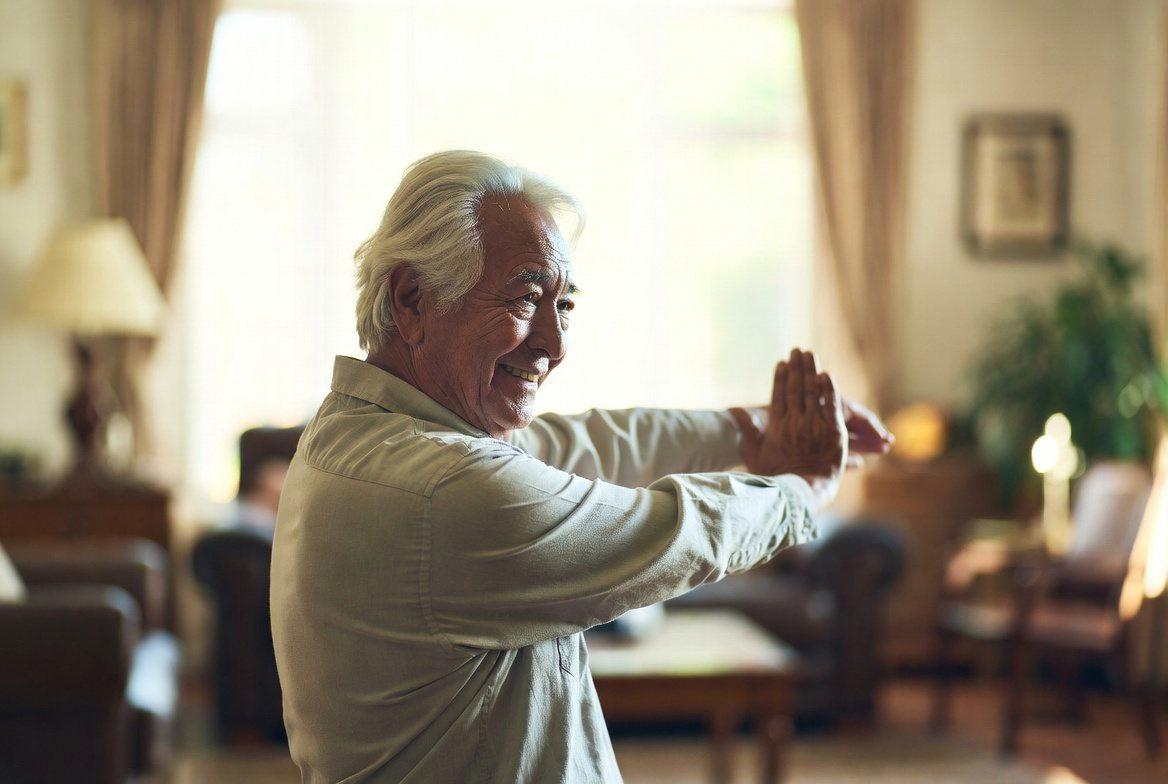 朝の散歩で無理なく体を動かす80代の男性