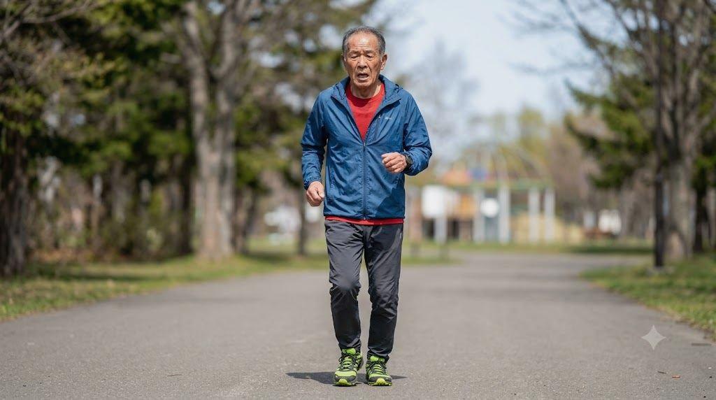 ソファに座りながら足首をゆっくり回転させるシニア男性の足元