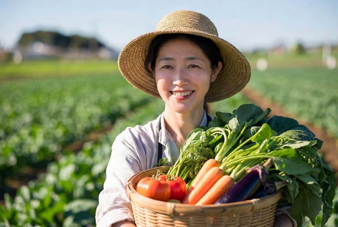 朝の光の中でじょうろを持って野菜に水やりをする男性