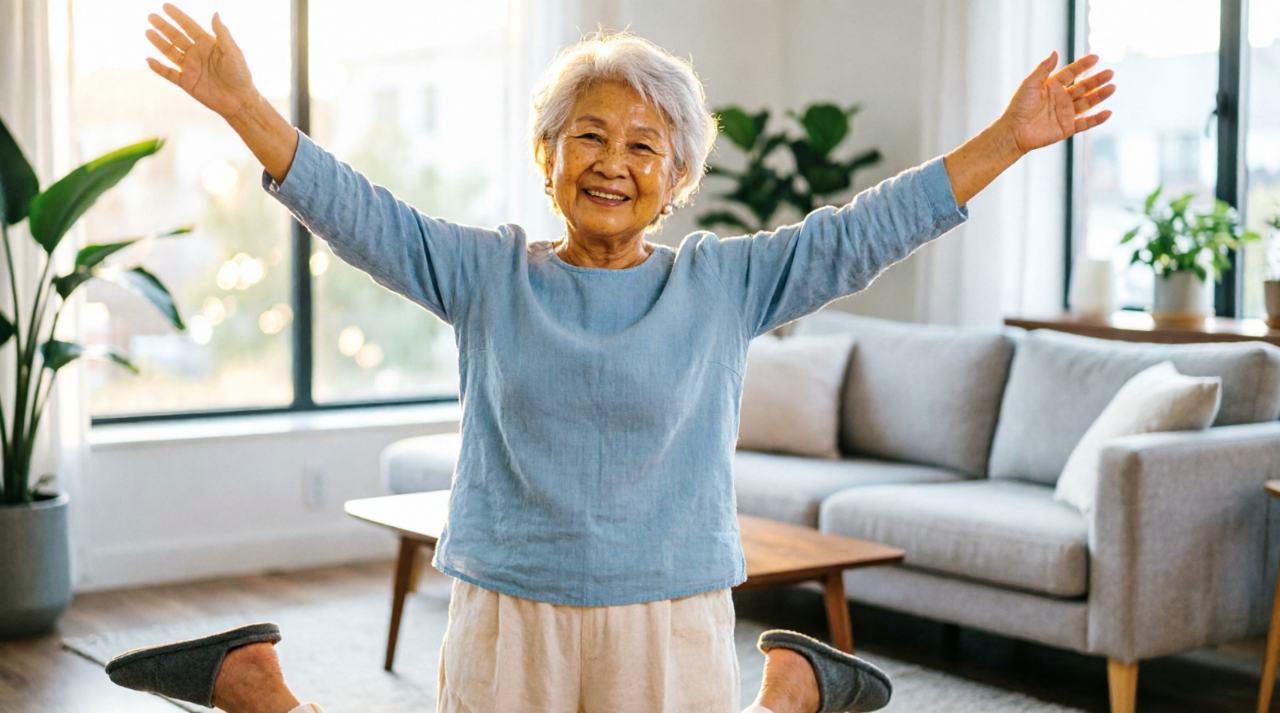 笑顔でスクワットを終えたシニア女性がリビングでくつろいでいる様子