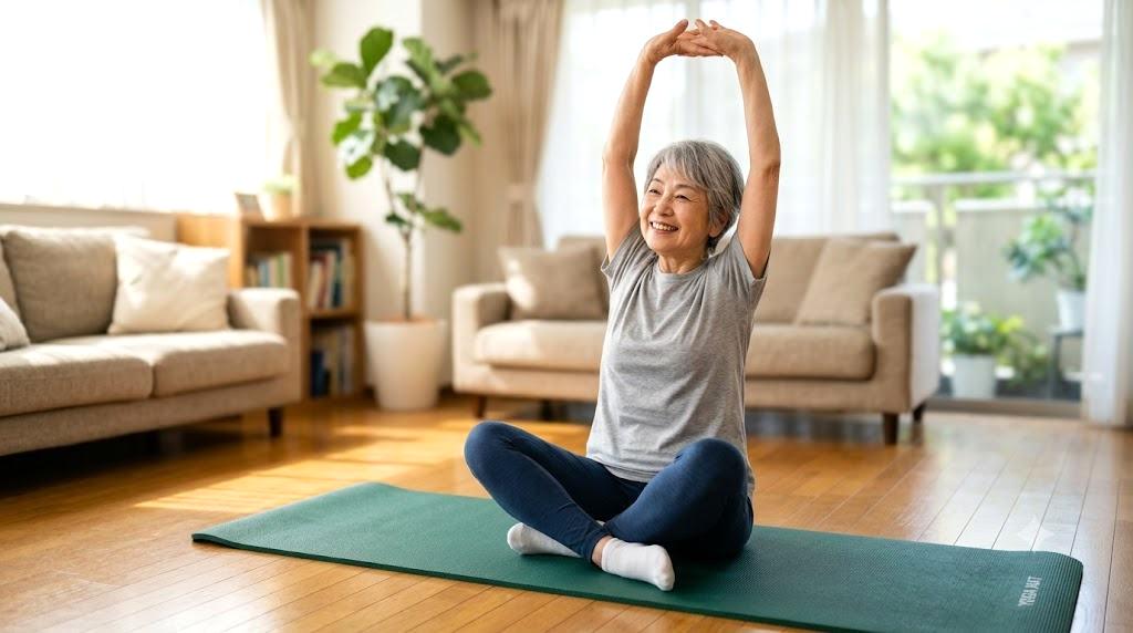 朝の光の中でストレッチをする60代の男性
