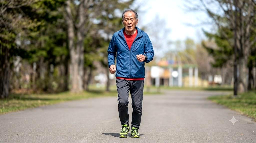 階段を上るのに苦労する高齢男性の後ろ姿、足腰の衰えを表現