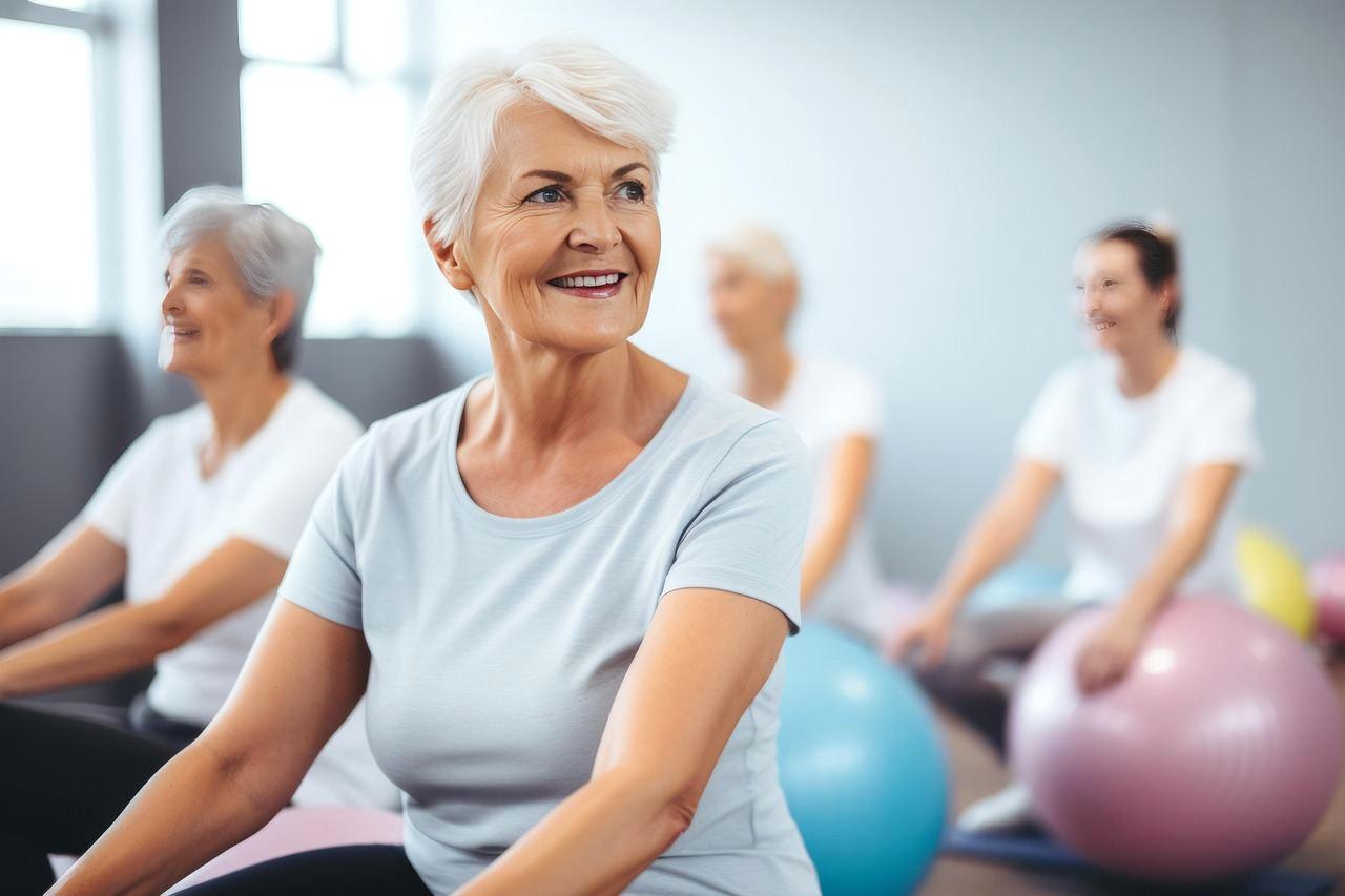 毎日のスクワット習慣で足腰を丈夫に保つ60代の笑顔のイラスト