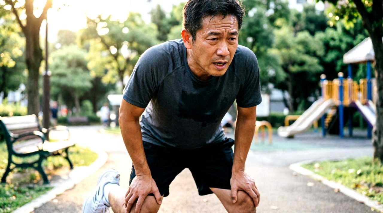 運動前に体調を確認する高齢女性