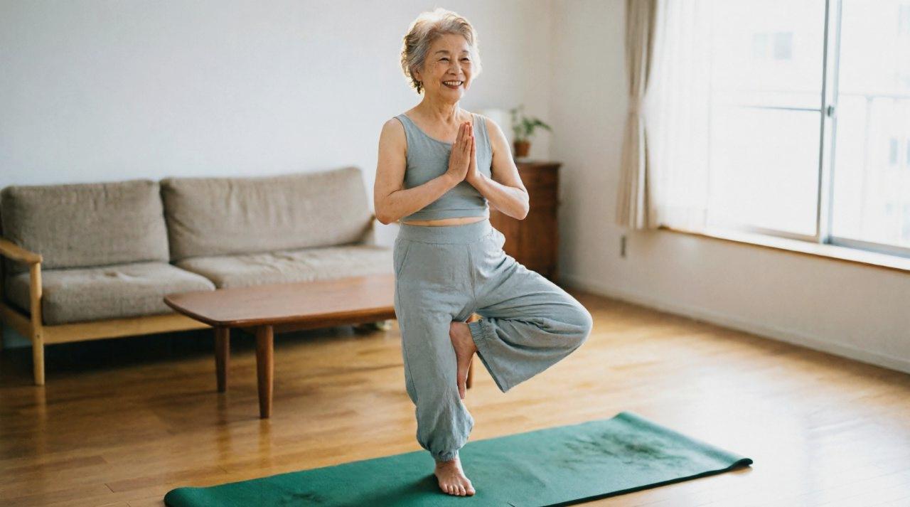 買い物袋を両手に持ち、姿勢を正して歩くシニアの全身