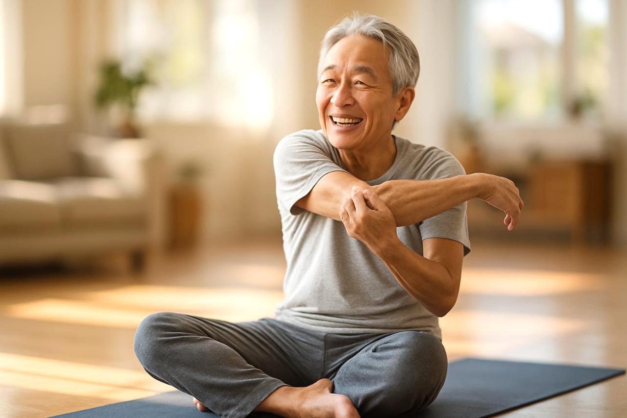 60代のシニアが運動前に体の変化を確認している様子