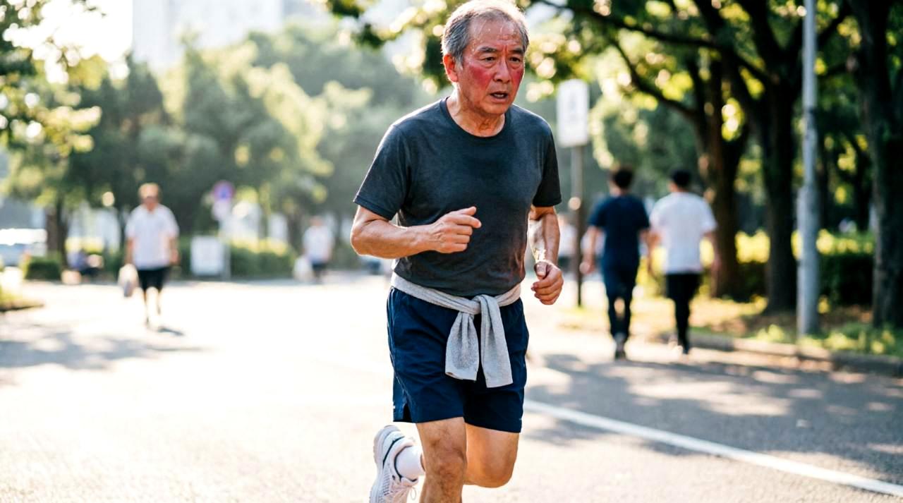 ストレッチ中に痛そうな表情で無理をしている男性のNG例と、リラックスして伸ばしているOK例の比較写真