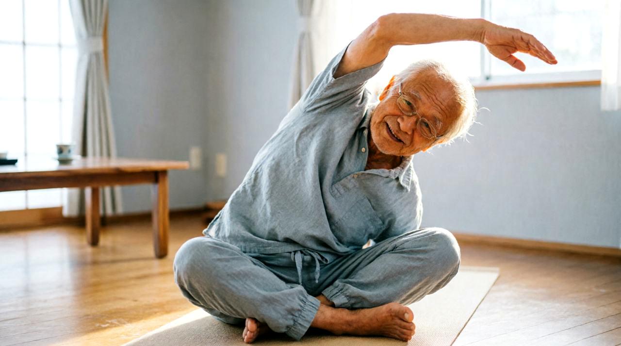 80代の男性が自宅で踏み台やゴムバンドを使った足腰の運動を行い、スクワットをサポートしている様子