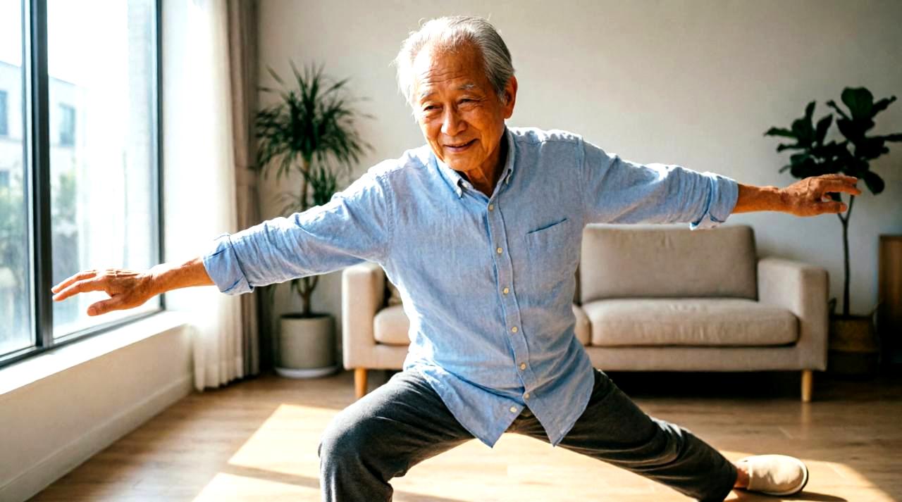 50代男性が自宅の明るいリビングで椅子に座り、笑顔で太ももを伸ばすストレッチをしている健康的なワンシーン