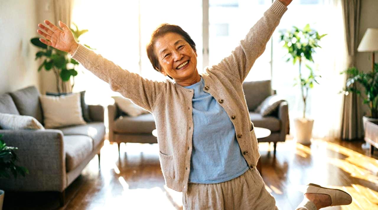 ピラティスマットの上で自信に満ちた笑顔を見せる50代の男女