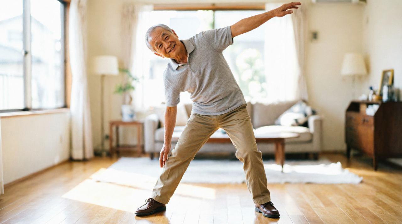 椅子に深く腰掛けて坐骨を意識しながらトレーニングする高齢男性