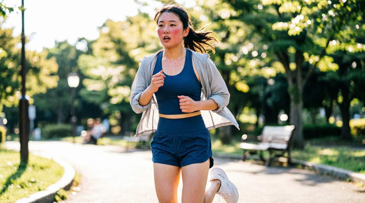 自宅リビングで腹筋運動をする40代男性。ヨガマットの上でのトレーニング