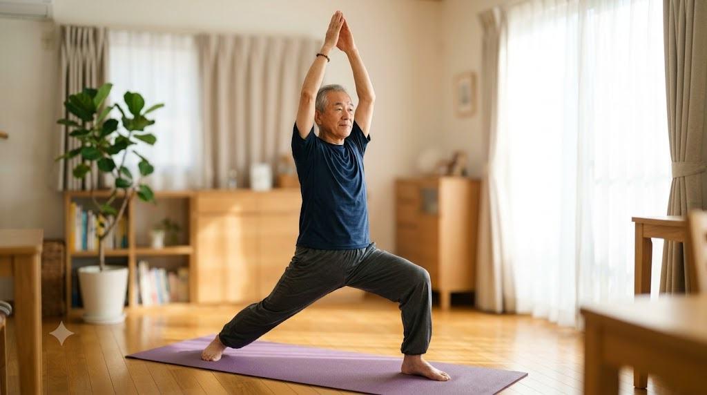 年配女性が鏡の前で猫背と正しい姿勢を比較しているイメージ