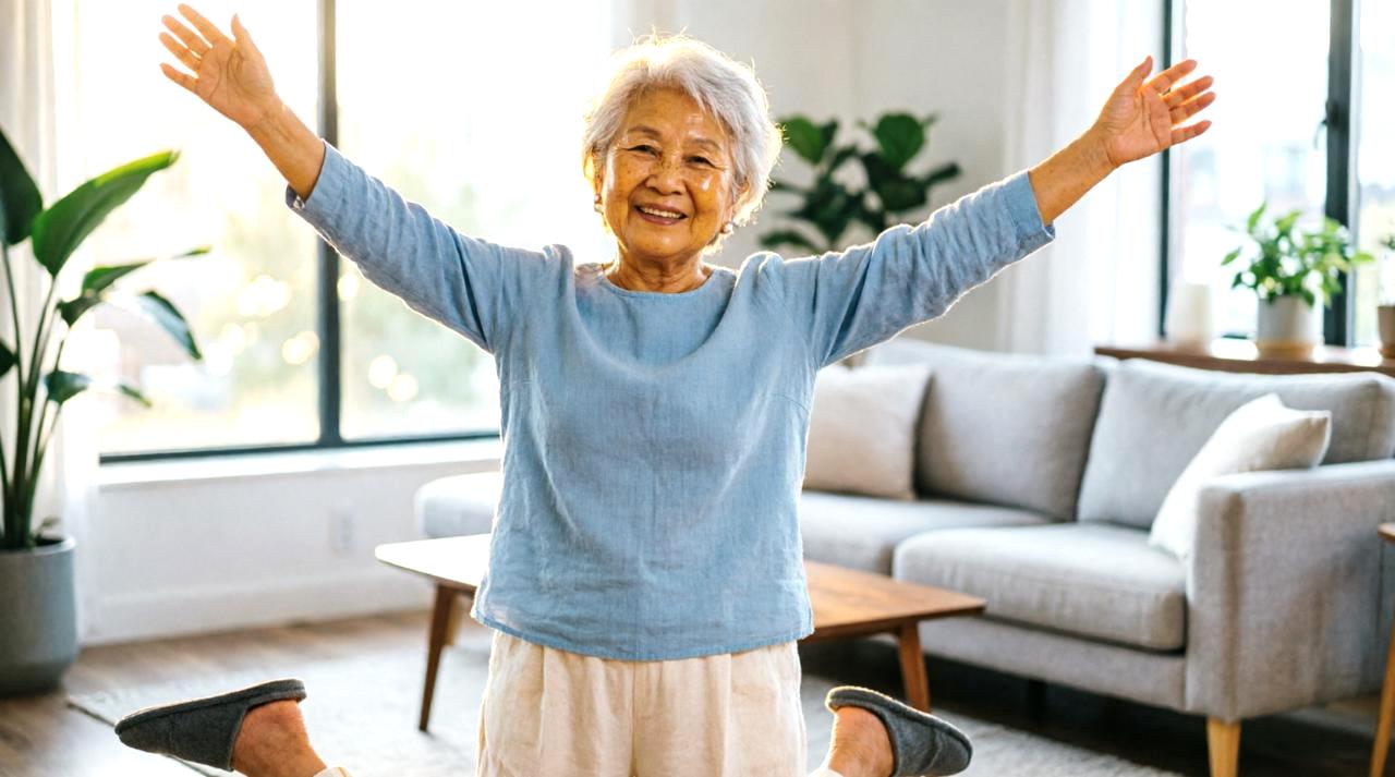 体が硬くても無理なくストレッチを楽しみ笑顔になる高齢女性の様子