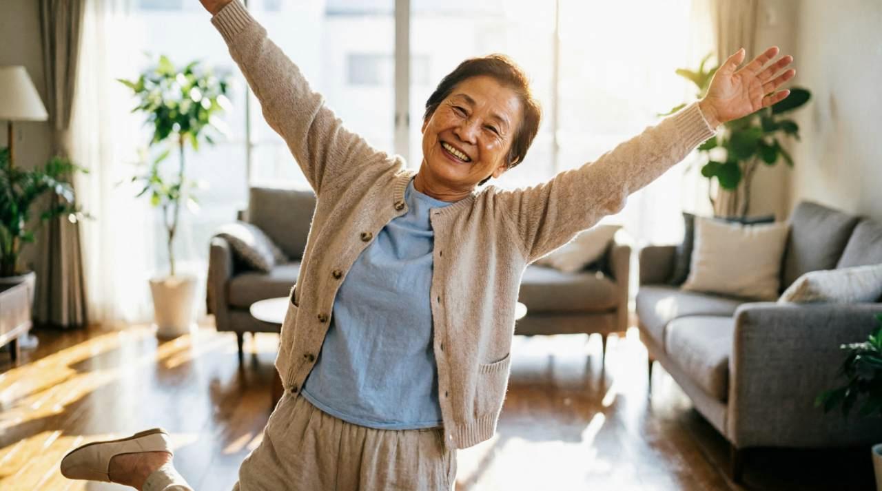 実際に80代でストレッチを続けているシニアの体験談を紹介するインタビュー記事風の画像。笑顔で語る姿