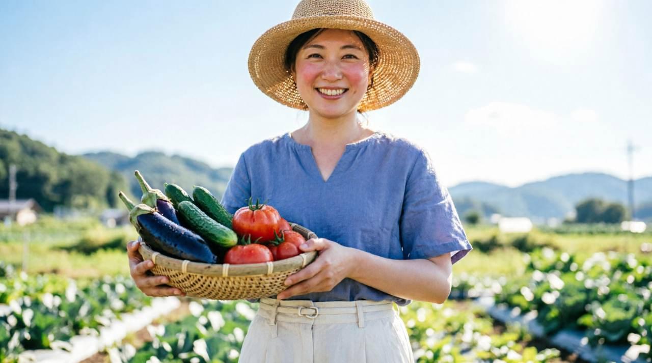 収穫した新鮮な野菜がバスケットに入れられ、笑顔で持ち上げている様子
