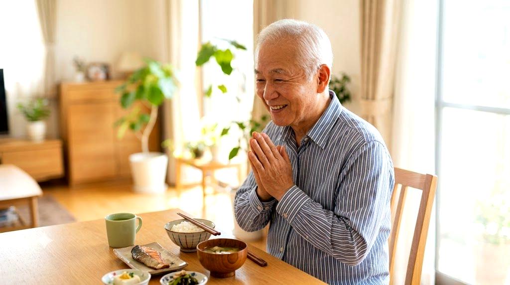 50代男性が笑顔でコーヒーを楽しむ写真。血圧計とコーヒー豆を背景に、健康と美味しさを両立させる賢い選択を表現