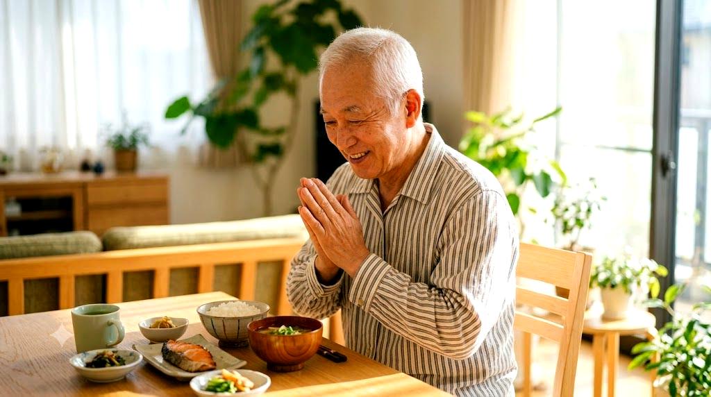ご飯やそばや野菜たっぷりのおかずで満足感のある食卓イメージ