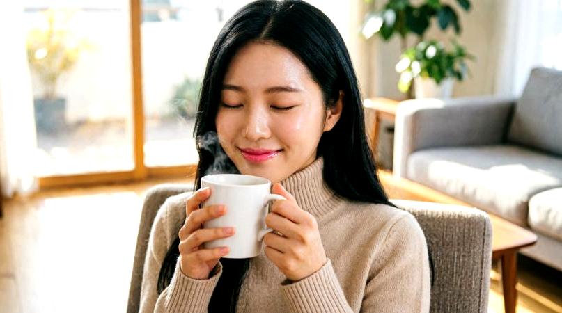 カップのコーヒーとハーフカットの果物が添えられた皿