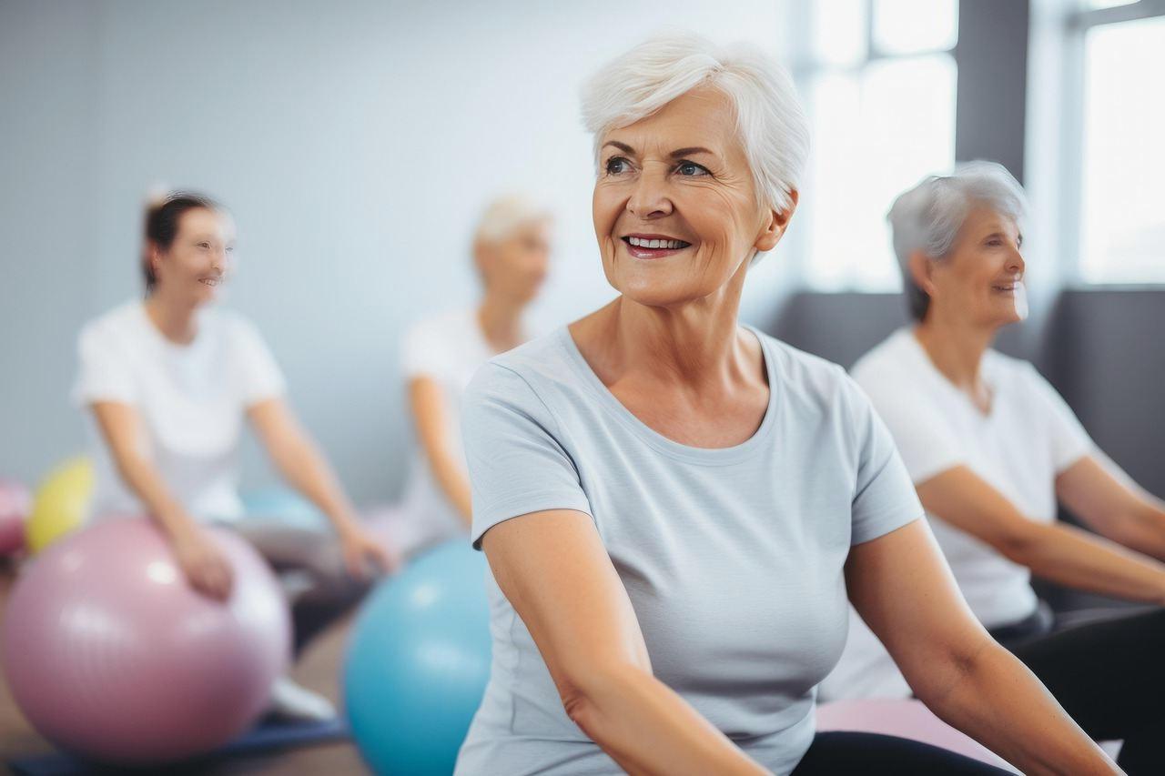 手すりにつかまりながらかかとの上げ下げを繰り返す80代の女性